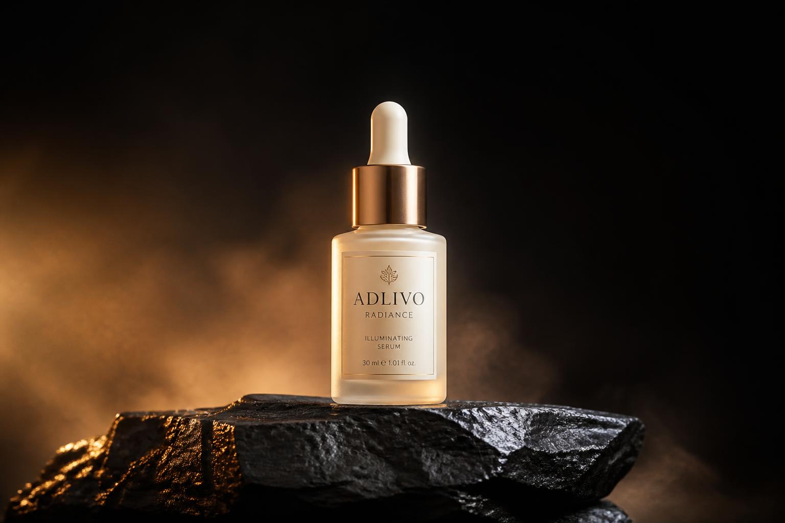 Illuminated premium skincare bottle used as an Adlivo campaign example
